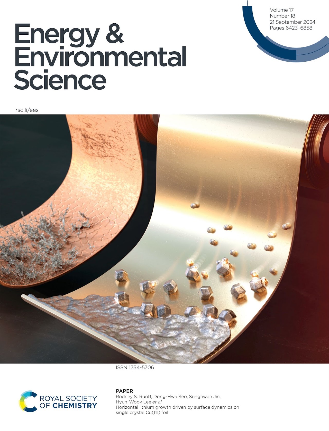 Journal cover for Horizontal lithium growth driven by surface dynamics on single crystal Cu(111) foil